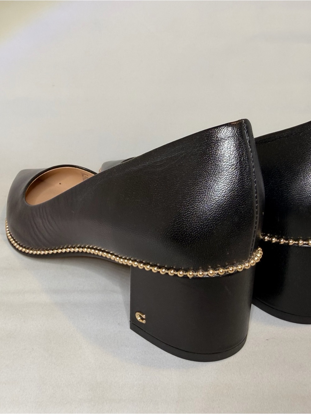 Coach Black Willa Leather Pointed Low Block Heel Pumps with Gold Bead Trim BNNU - Picture 2 of 4
